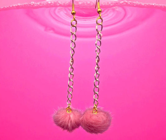 Long fluffy pom pom dangly drop earrings Handmade costume jewellery gold with rose gold chain