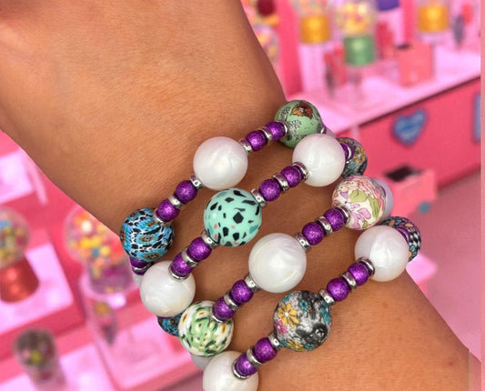 Beaded Stretch Bracelet | Handmade Boho Jewelry | Bold Playful Beaded Wrap Bracelet purple silver