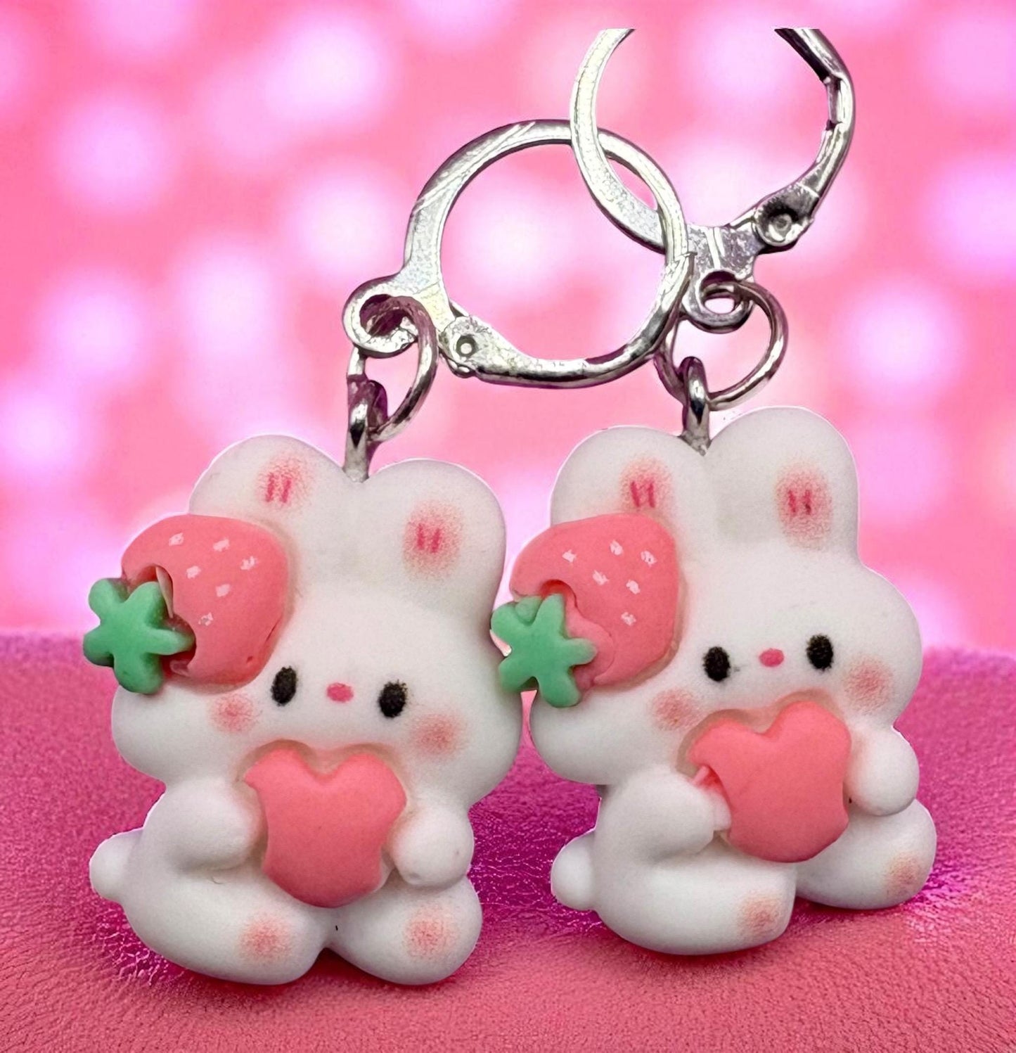 Bunny rabbit earrings strawberry drop earrings. available in multiple styles. Kids teen adult animal cartoon style. novelty costume jeweller