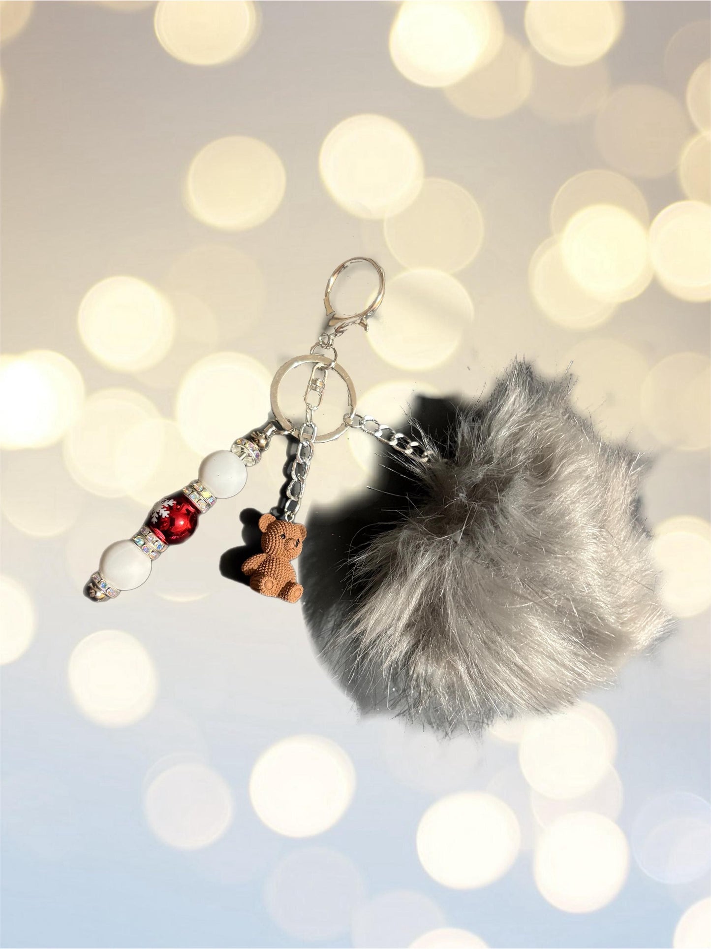 Christmas Keyring with Pom Pom pendants Beads Festive Bag Charm Holiday Gift for Her Cute Winter Keychain bag charm