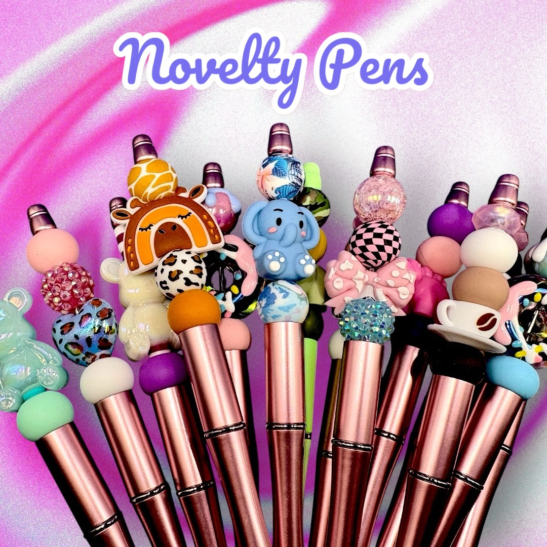 Range of novelty fidget sensory pens with animal, dessert, sweets, gummy bears, love heart charms and more 