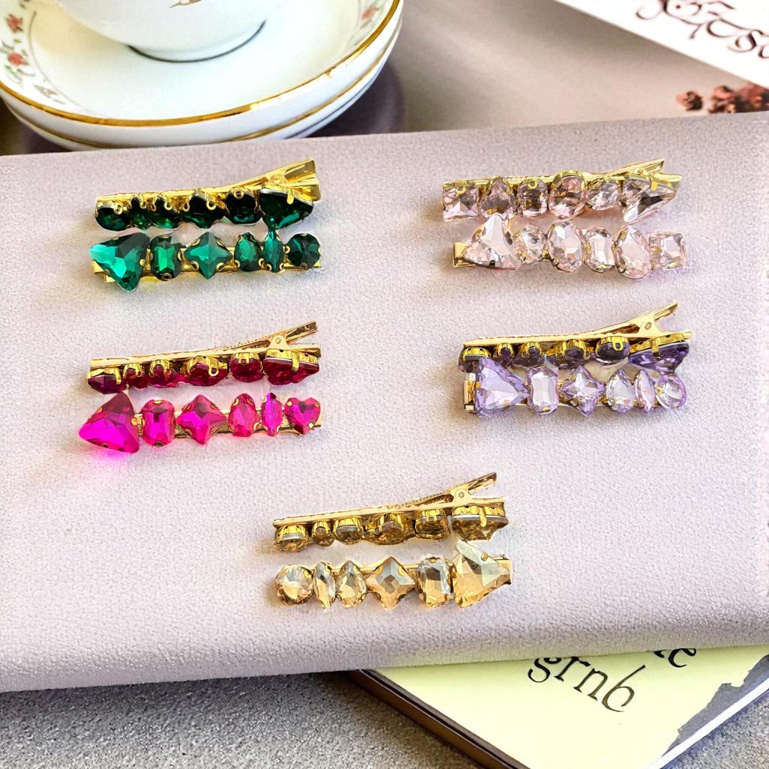 bold unique gem stone hair clips sparkly available in emerald green, pink, champagne gold, purple