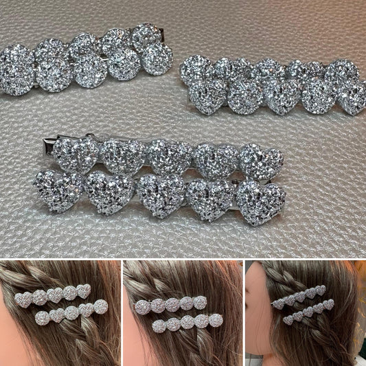 Heart, circular glitter sparkly small hair slides sliver fashion hair clip Christmas 6cm. Sold as pairs