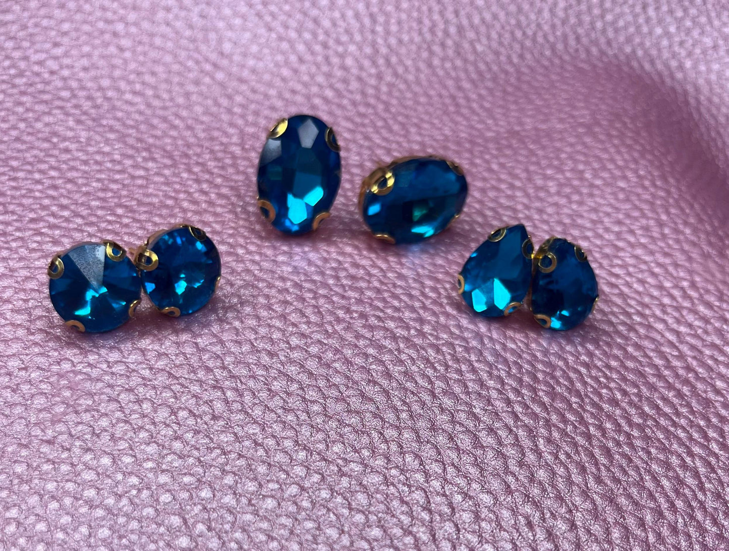 three pairs of handmade turquoise blue earrings glass rhinestones square oval teardrop gold two styles available