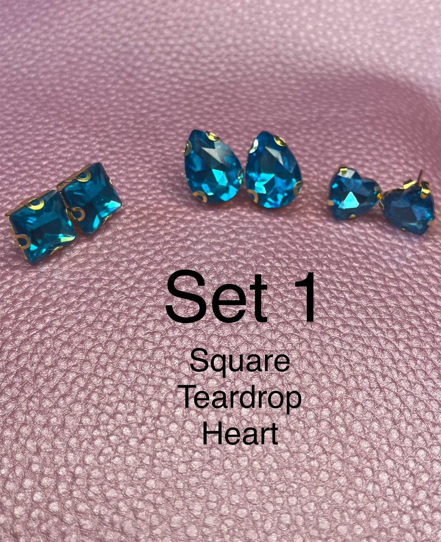 three pairs of handmade turquoise blue earrings glass rhinestones square oval teardrop gold two styles available