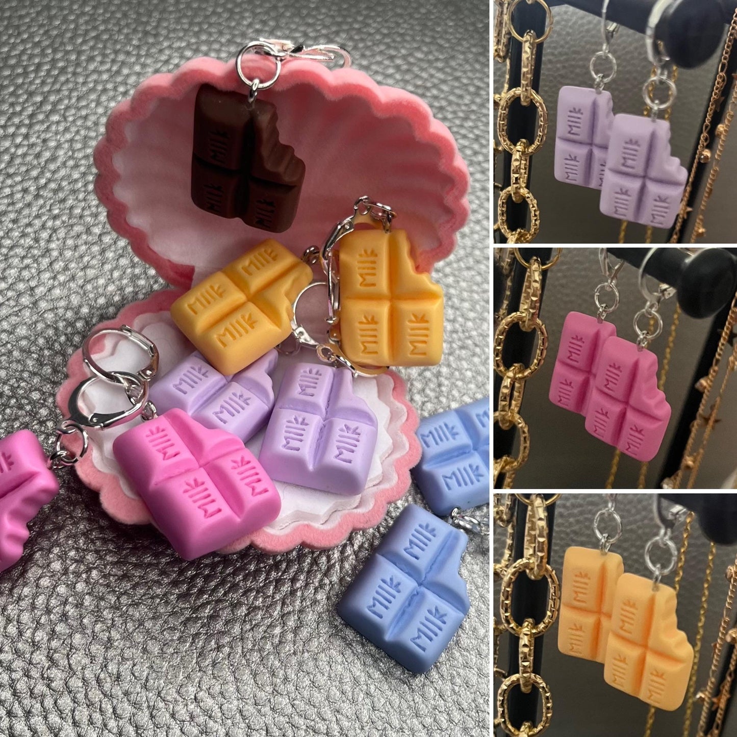 Chocolate earrings, dangly drop earrings. available in multiple colours. pink blue brown purple. cartoon style. novelty costume jewellery