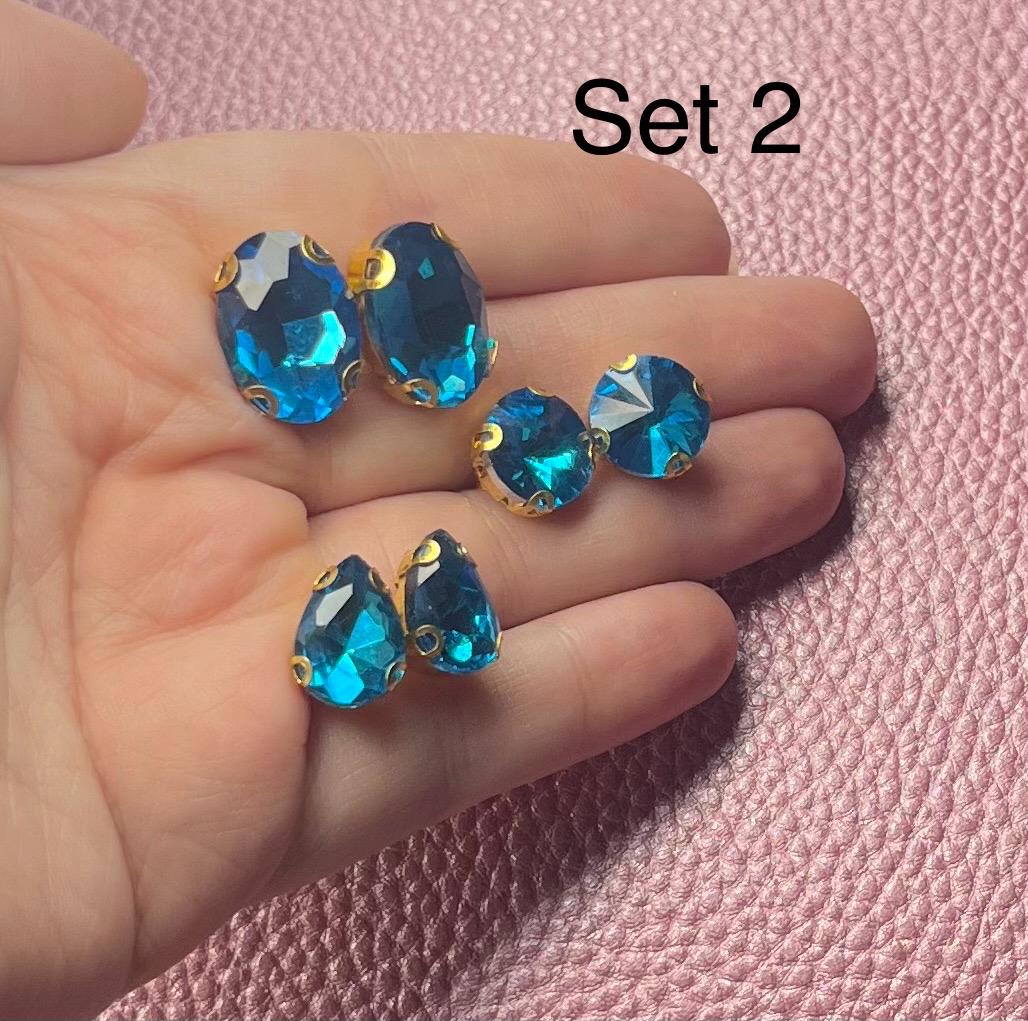 three pairs of handmade turquoise blue earrings glass rhinestones square oval teardrop gold two styles available