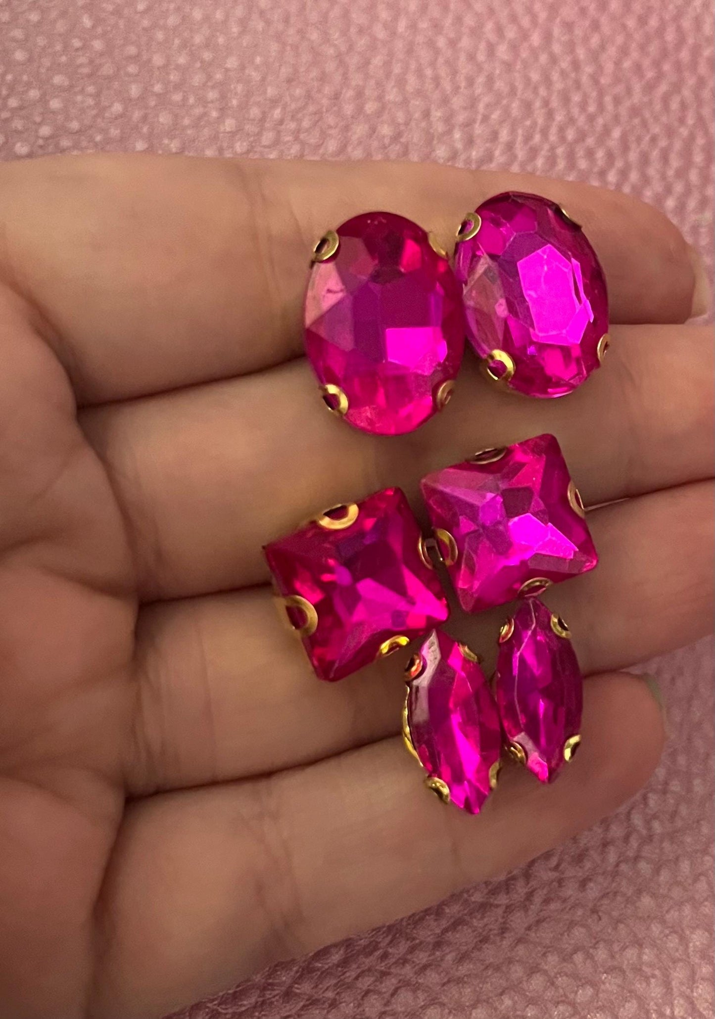 three pairs of Fushia hot pink earrings glass rhinestones square oval teardrop gold