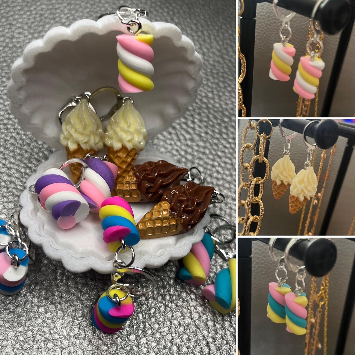 Novelty earrings, dangly drop earrings. Choose from ice cream flumps marshmallow. Resin cartoon style. costume jewellery earrings