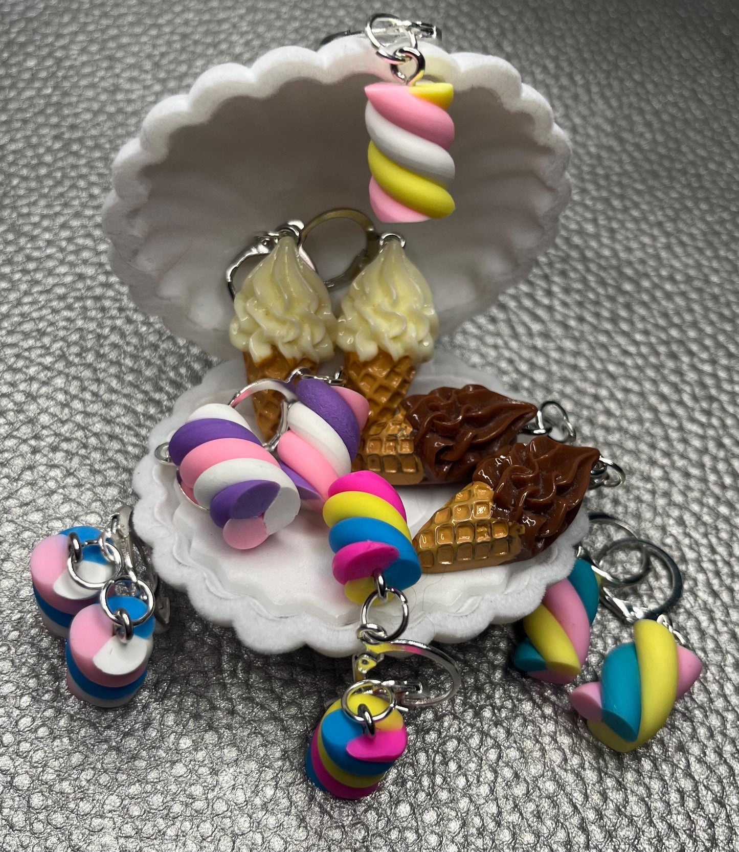 Novelty earrings, dangly drop earrings. Choose from ice cream flumps marshmallow. Resin cartoon style. costume jewellery earrings