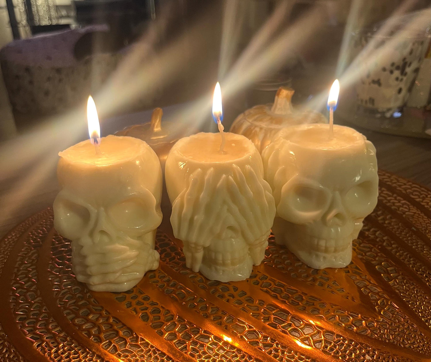 Halloween goth skull candles candle set. hear no evil speak no evil see no evil spooky fun frighteningly amazing skeleton creepy decorations