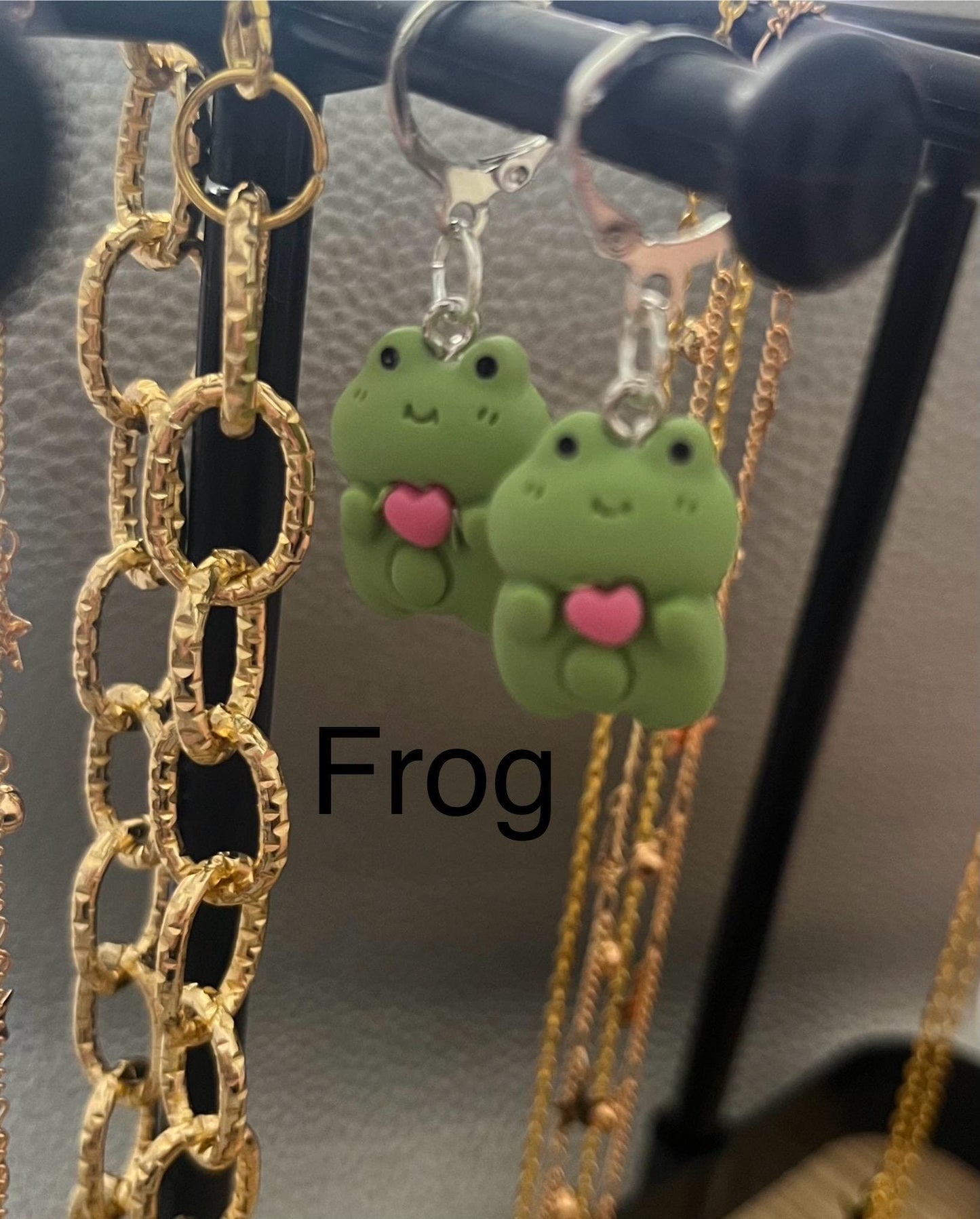 Novelty earrings, dangly drop earrings. Choose from Cheese koala flamingo frog. Resin cartoon style. costume jewellery earrings