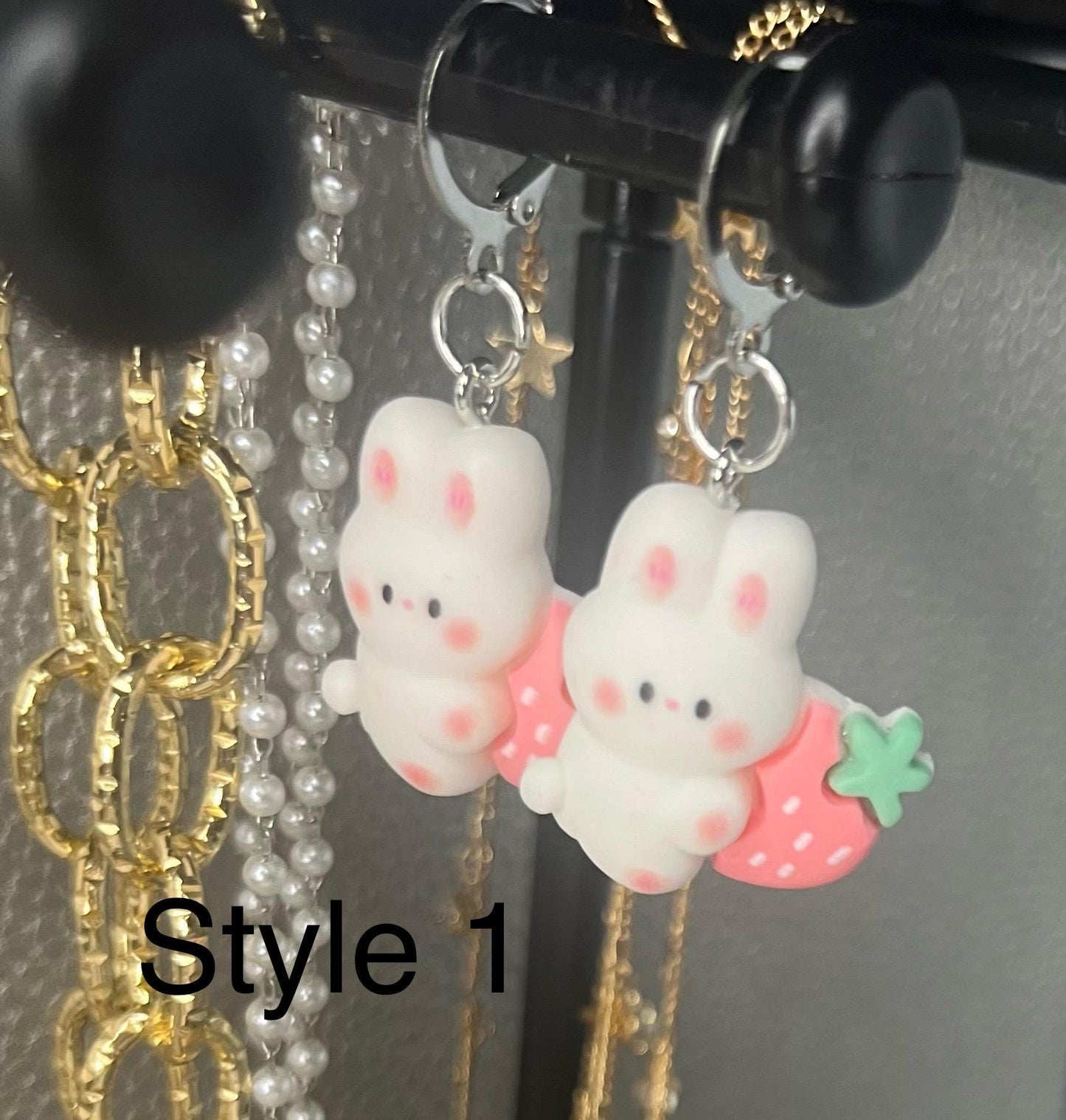 Bunny rabbit earrings strawberry drop earrings. available in multiple styles. Kids teen adult animal cartoon style. novelty costume jeweller