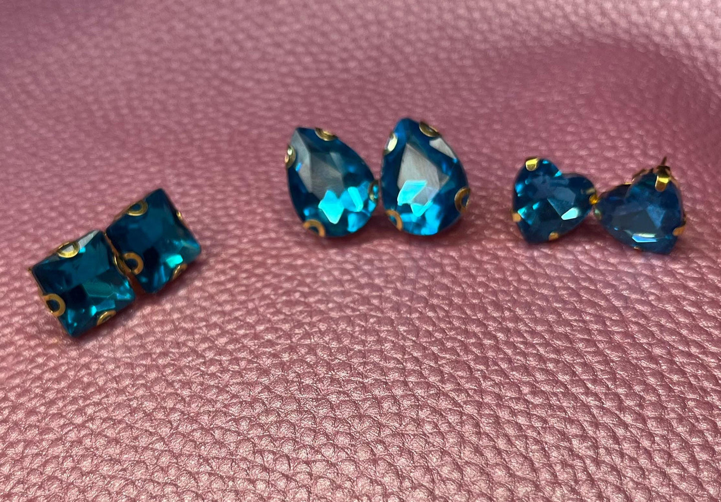 three pairs of handmade turquoise blue earrings glass rhinestones square oval teardrop gold two styles available