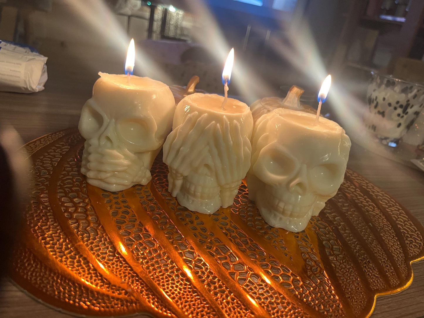 Halloween goth skull candles candle set. hear no evil speak no evil see no evil spooky fun frighteningly amazing skeleton creepy decorations