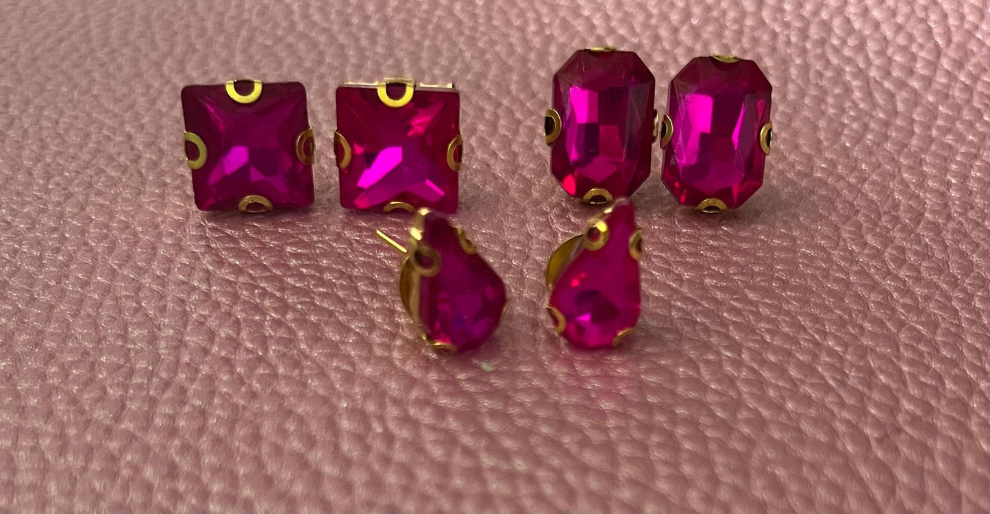 three pairs of Fushia hot pink earrings glass rhinestones square oval teardrop gold squoval