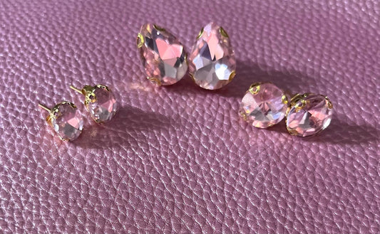 three pairs of handmade baby pink earrings glass rhinestones square oval teardrop gold two styles available