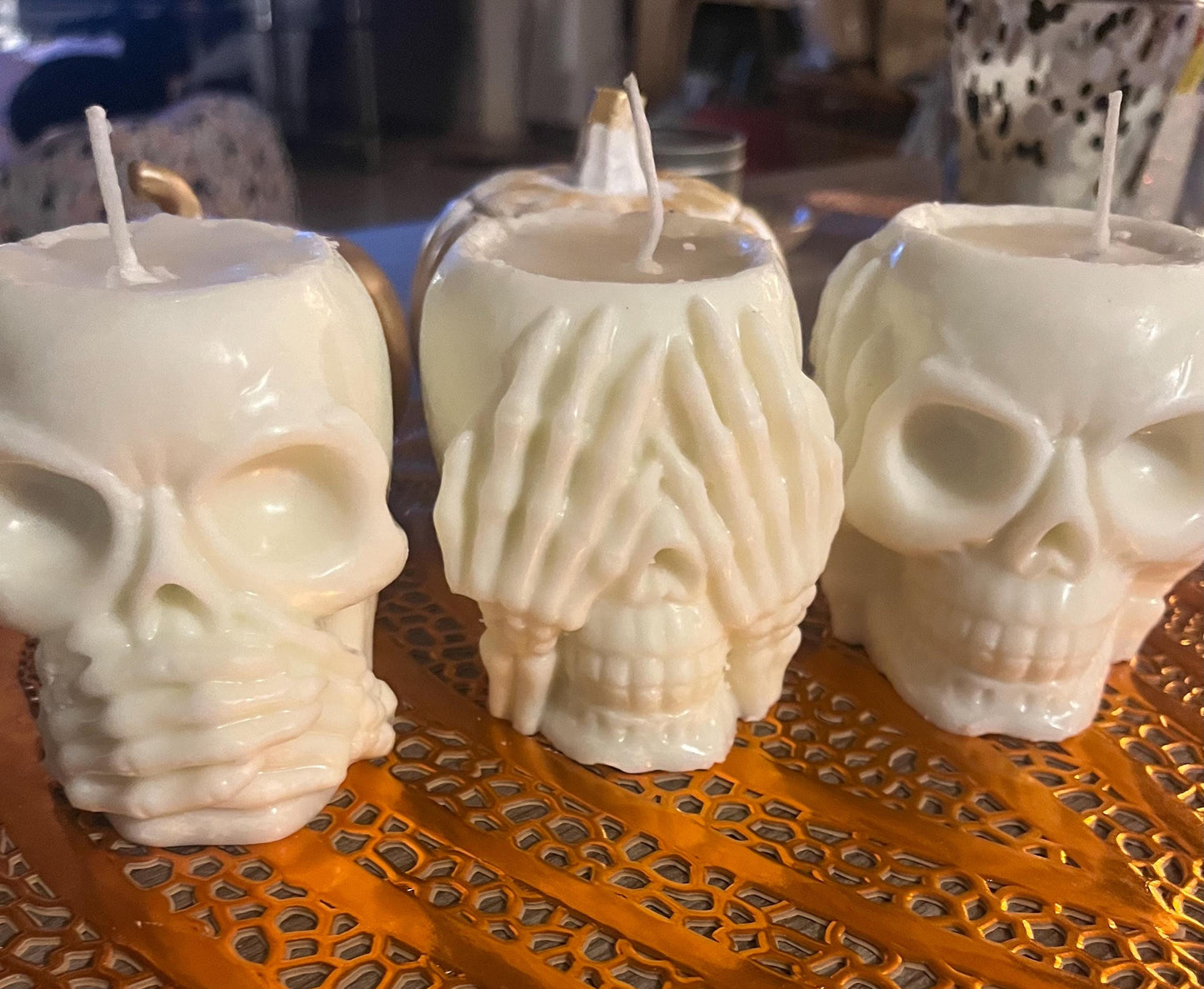 Halloween goth skull candles candle set. hear no evil speak no evil see no evil spooky fun frighteningly amazing skeleton creepy decorations