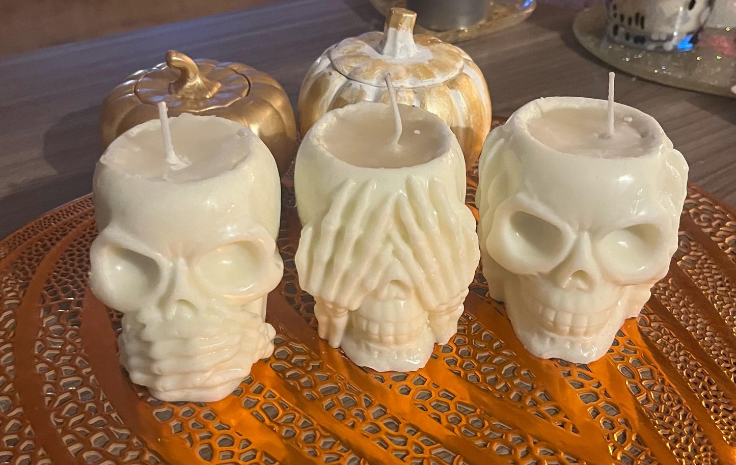 Halloween goth skull candles candle set. hear no evil speak no evil see no evil spooky fun frighteningly amazing skeleton creepy decorations