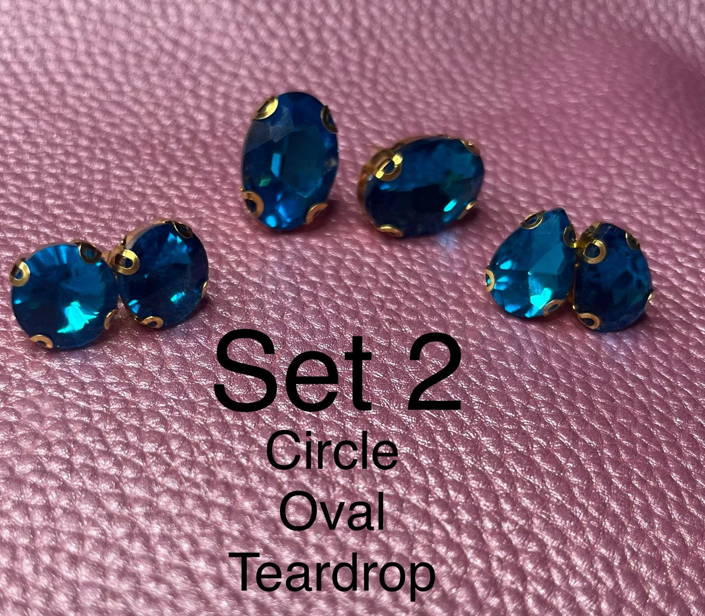 three pairs of handmade turquoise blue earrings glass rhinestones square oval teardrop gold two styles available