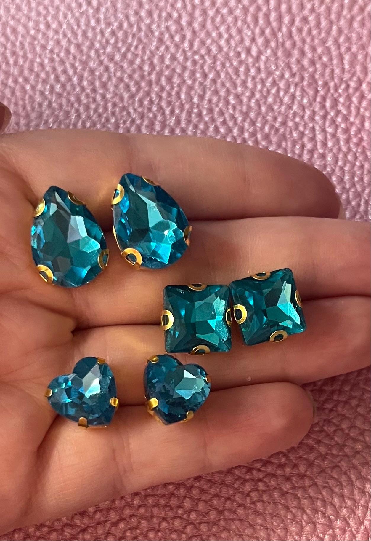 three pairs of handmade turquoise blue earrings glass rhinestones square oval teardrop gold two styles available