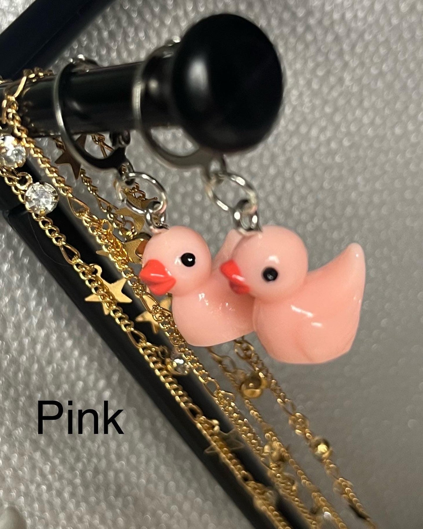 Cute little rubber duck style earrings, dangly drop earrings. available in multiple colours. pink blue yellow purple white costume jewellery