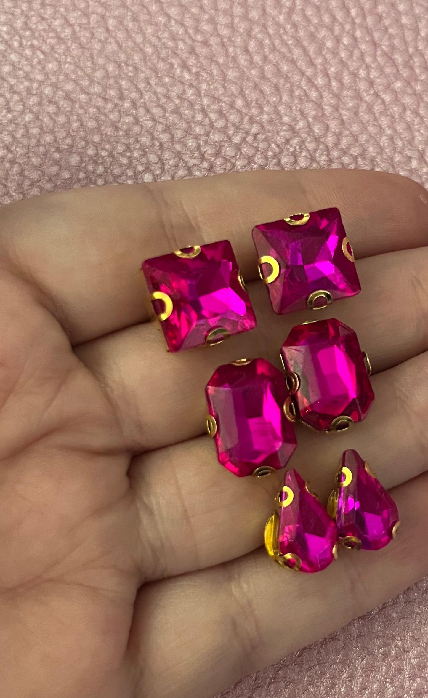 three pairs of Fushia hot pink earrings glass rhinestones square oval teardrop gold squoval