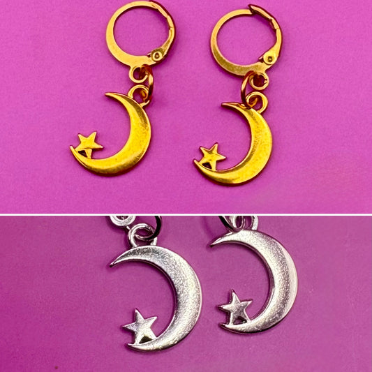 Adorable small moon and star earrings, featuring a charming celestial design perfect for everyday wear, adding a touch of whimsy and sparkle to any outfit