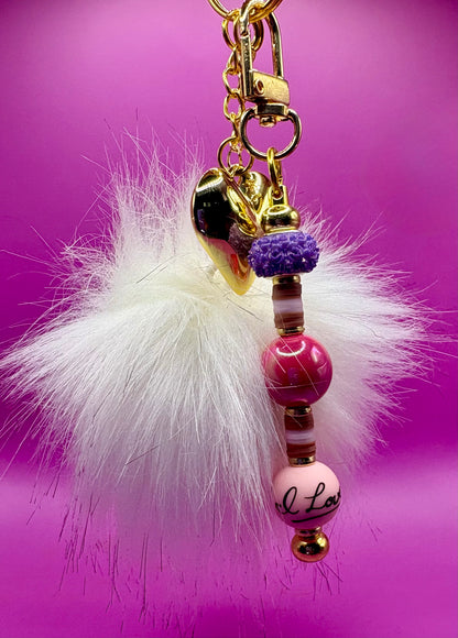 Beaded Keyring Keychain with Pendant - Colorful and Trendy Accessory for Keys and Handbags white and purple fluffy ball gold