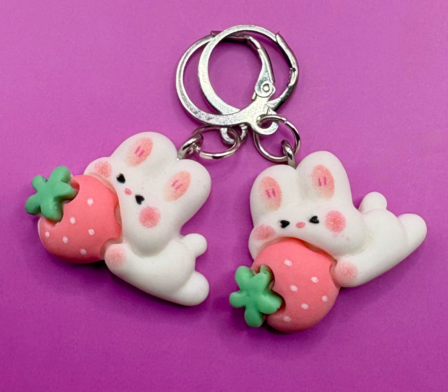 Adorable Bunny Rabbit Drop Earrings with Strawberry Design - Fun Cartoon Style Jewelry for Kids, Teens, and Adults - Available in Multiple Styles - Novelty Costume Accessories