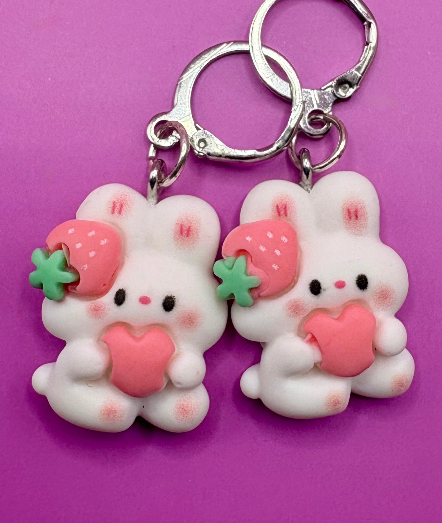 Adorable Bunny Rabbit Drop Earrings with Strawberry Design - Fun Cartoon Style Jewelry for Kids, Teens, and Adults - Available in Multiple Styles - Novelty Costume Accessories
