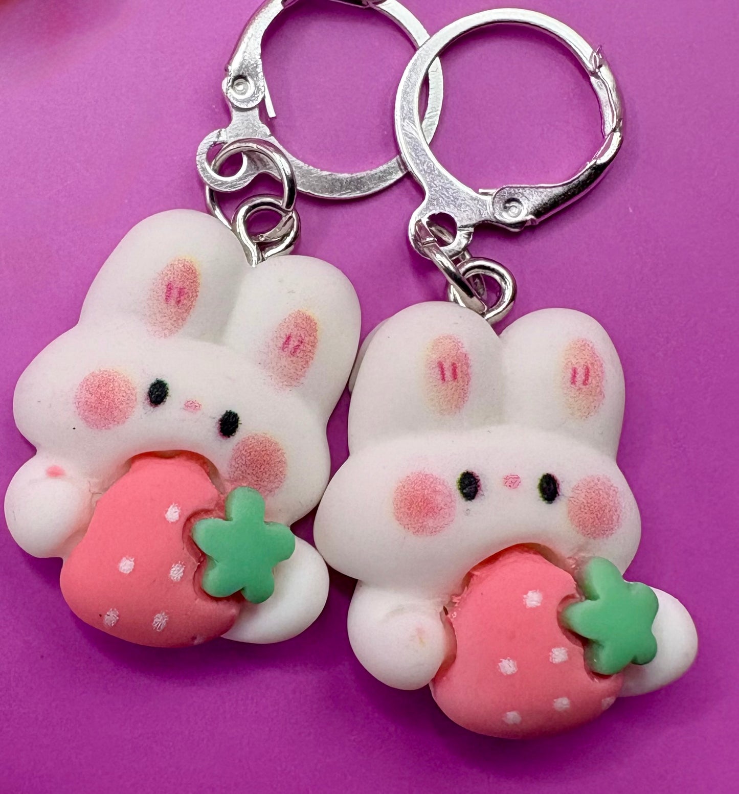 Adorable Bunny Rabbit Drop Earrings with Strawberry Design - Fun Cartoon Style Jewelry for Kids, Teens, and Adults - Available in Multiple Styles - Novelty Costume Accessories