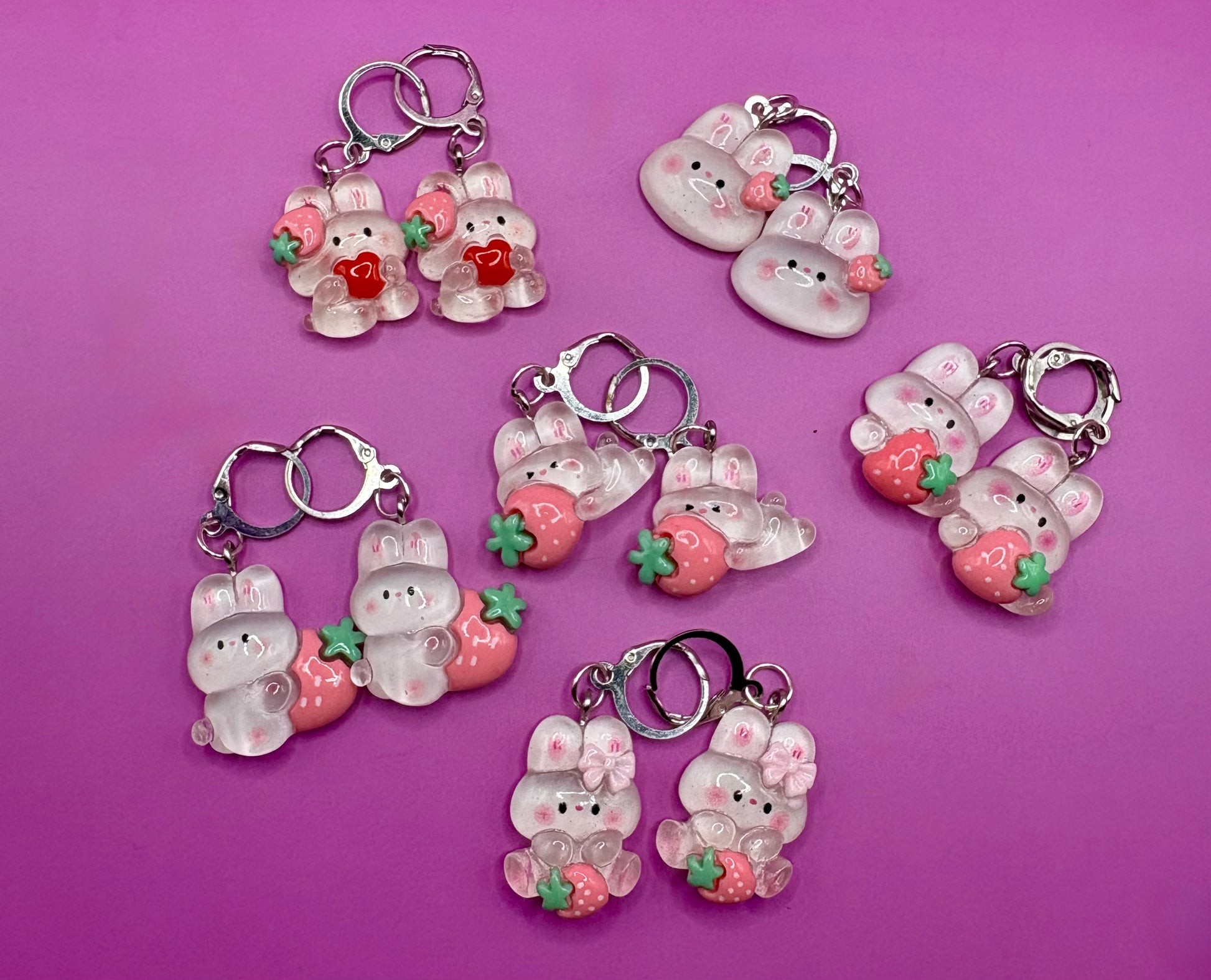 Cute Bunny Rabbit Translucent Drop Earrings with Strawberry Design - Available in Multiple Styles for Kids, Teens, and Adults - Fun Animal Cartoon Novelty Costume Jewelry