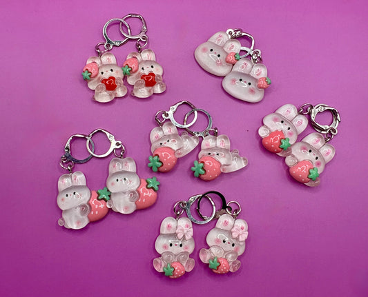Cute Bunny Rabbit Translucent Drop Earrings with Strawberry Design - Available in Multiple Styles for Kids, Teens, and Adults - Fun Animal Cartoon Novelty Costume Jewelry