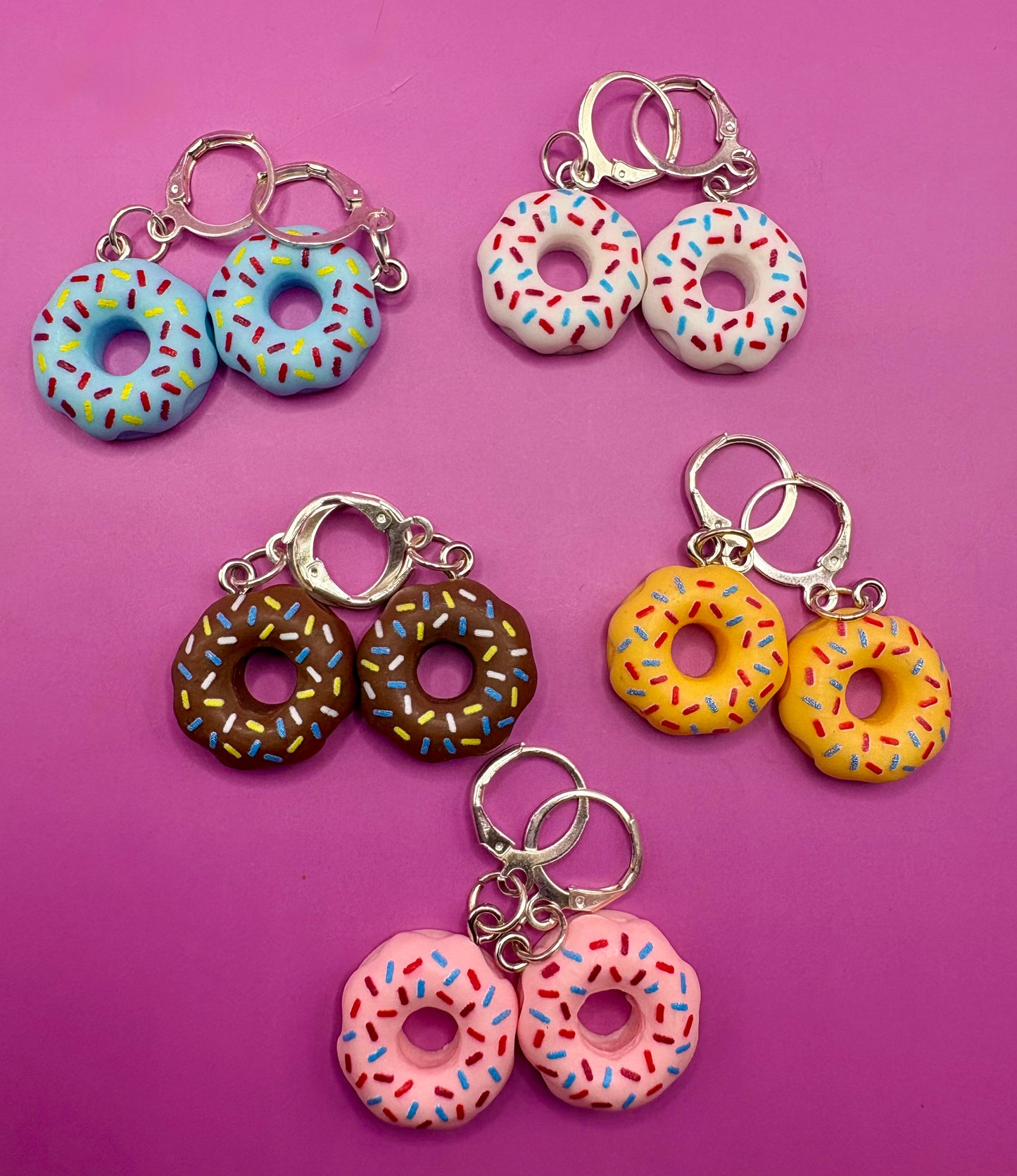 Colorful Donut Dangly Drop Earrings - Available in Pink, Blue, Brown, White, and Yellow for Fun Cartoon-Style Novelty Costume Jewelry