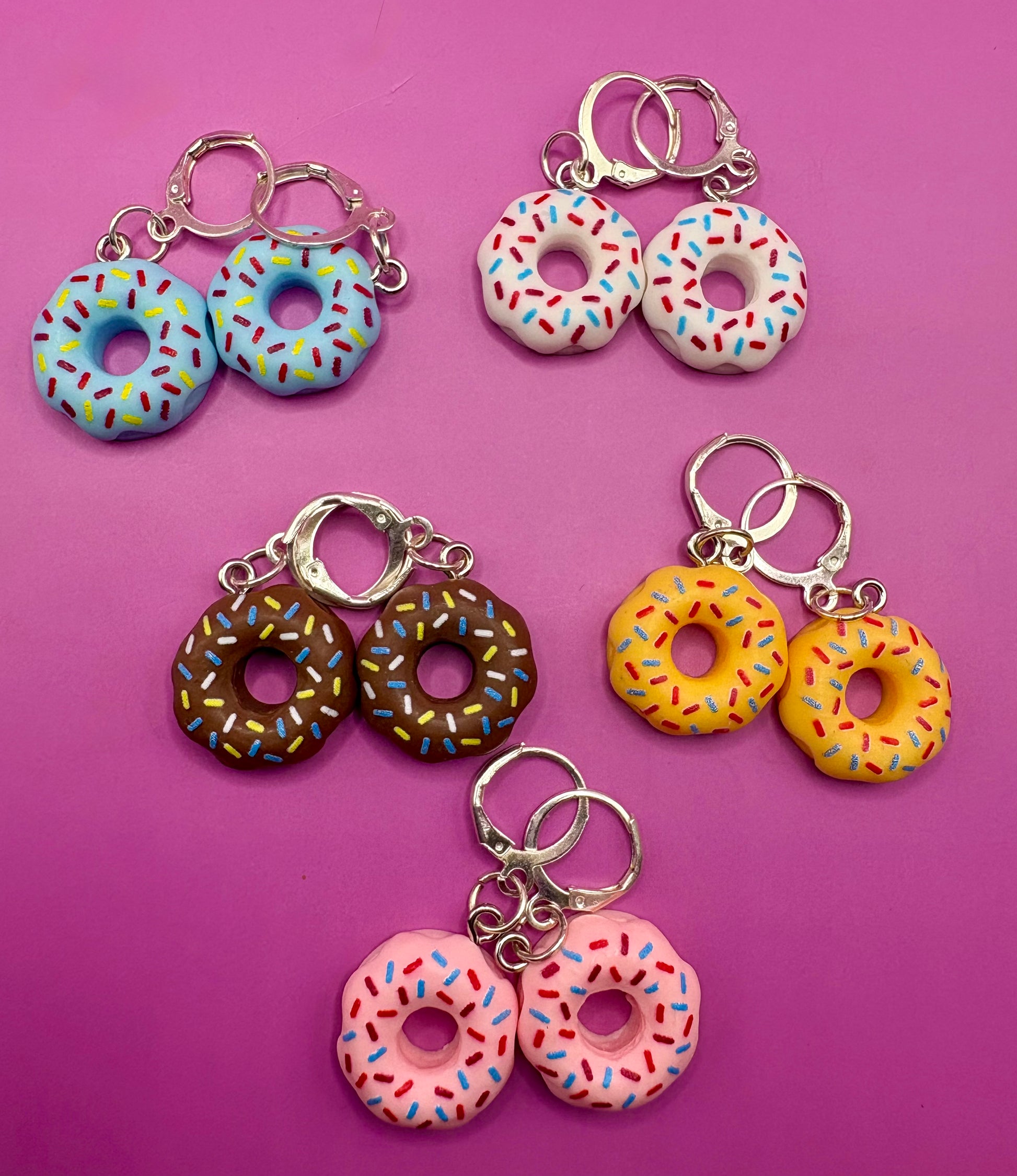 Colorful Donut Dangly Drop Earrings - Available in Pink, Blue, Brown, White, and Yellow for Fun Cartoon-Style Novelty Costume Jewelry