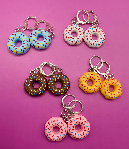 Colorful Donut Dangly Drop Earrings - Available in Pink, Blue, Brown, White, and Yellow for Fun Cartoon-Style Novelty Costume Jewelry