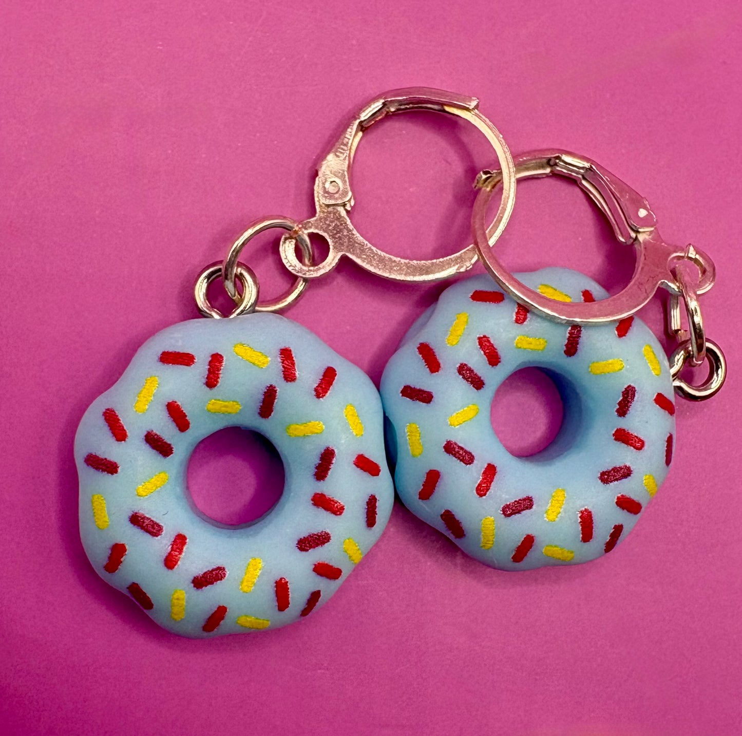 Colorful Donut Dangly Drop Earrings - Available in Pink, Blue, Brown, White, and Yellow for Fun Cartoon-Style Novelty Costume Jewelry