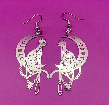 Charming cat on the moon earrings, featuring a whimsical design perfect for cat lovers, adding a playful touch to any outfit and ideal for casual or everyday wear.