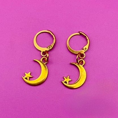 Adorable small moon and star earrings, featuring a charming celestial design perfect for everyday wear, adding a touch of whimsy and sparkle to any outfit