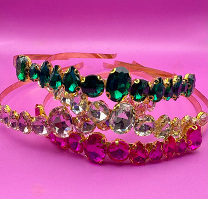 Hand-decorated maximum comfort headband adorned with glass rhinestones, ideal for evening events and formal occasions, showcasing exquisite craftsmanship and luxurious style.