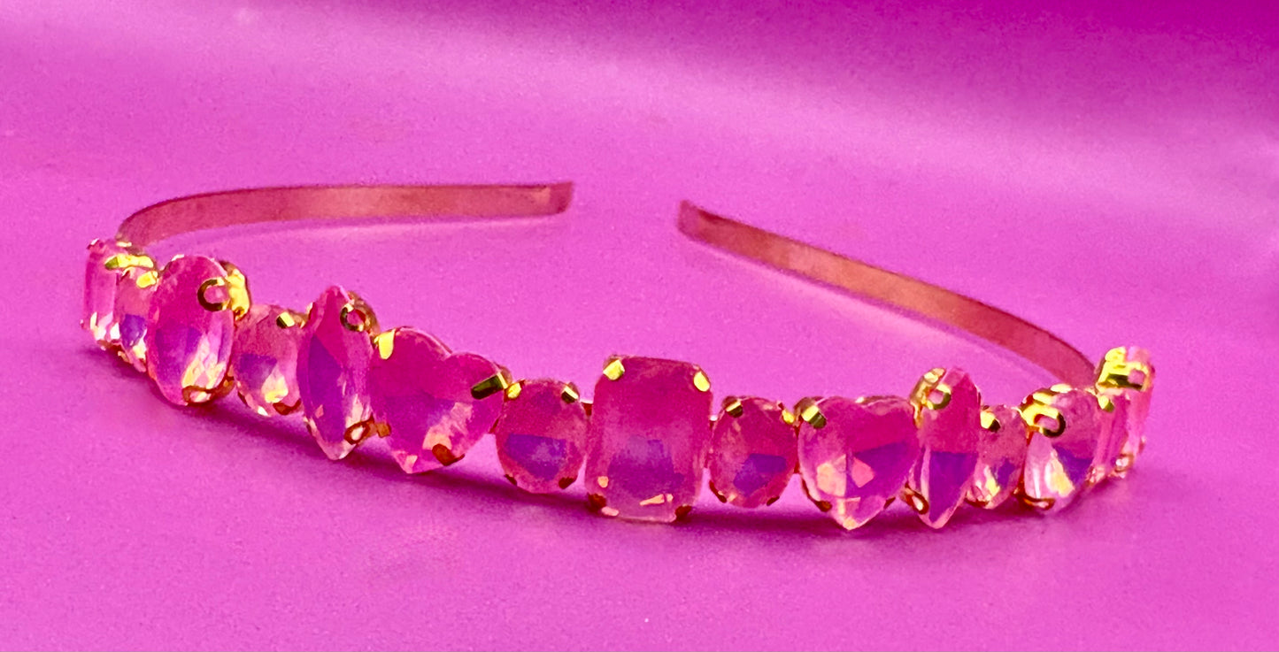 Elegant hand-decorated neon pastel headband featuring sparkling glass rhinestones, perfect for adding a touch of glamour to evening wear and special occasions.