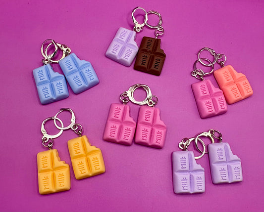 Colorful Chocolate Dangly Drop Earrings - Available in Pink, Blue, Brown, and Purple for a Whimsical Cartoon-Style Novelty Costume Jewelry