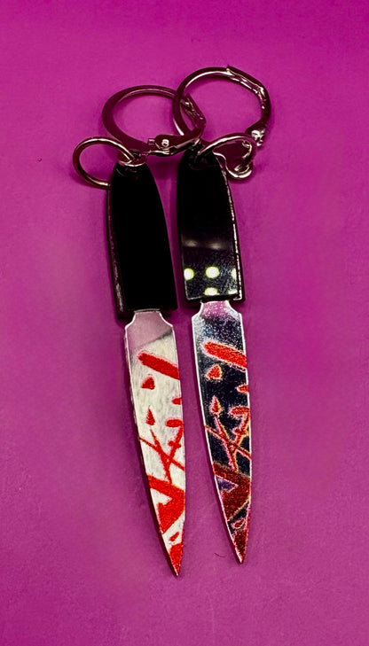 Spooky Halloween Earrings Featuring Realistic Fake Knives and Axes with Blood Detail - Scary Horror Accessories Inspired by Thriller Movies - Perfect for Halloween Costumes and Decorations