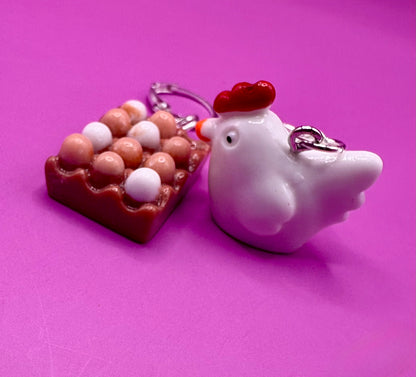 Hen and Chicken Drop Dangly Earrings with Tray of Eggs - Whimsical Farmhouse Jewelry, Perfect for Animal Lovers and Unique Fashion Accessories