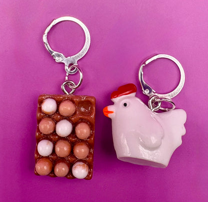 Hen and Chicken Drop Dangly Earrings with Tray of Eggs - Whimsical Farmhouse Jewelry, Perfect for Animal Lovers and Unique Fashion Accessories