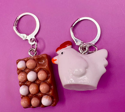 Hen and Chicken Drop Dangly Earrings with Tray of Eggs - Whimsical Farmhouse Jewelry, Perfect for Animal Lovers and Unique Fashion Accessories