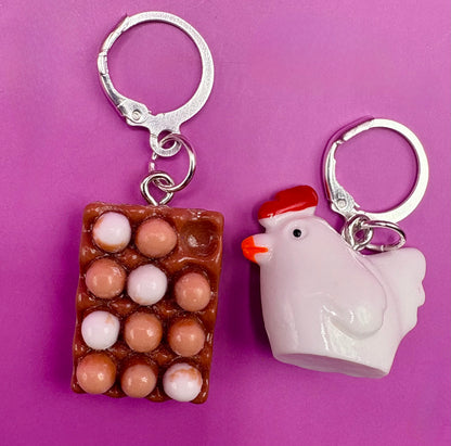 Hen and Chicken Drop Dangly Earrings with Tray of Eggs - Whimsical Farmhouse Jewelry, Perfect for Animal Lovers and Unique Fashion Accessories