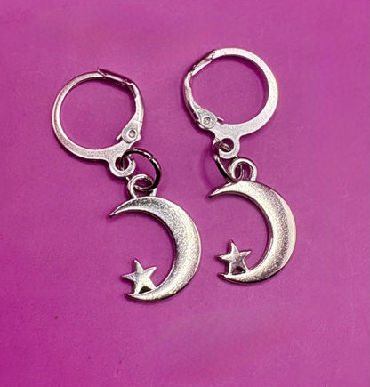 Adorable small moon and star earrings, featuring a charming celestial design perfect for everyday wear, adding a touch of whimsy and sparkle to any outfit