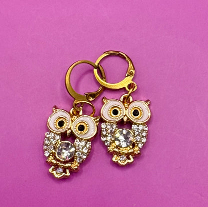 Adorable gold diamante owl earrings featuring sparkling embellishments, perfect for adding a whimsical touch to your jewelry collection and enhancing any outfit.